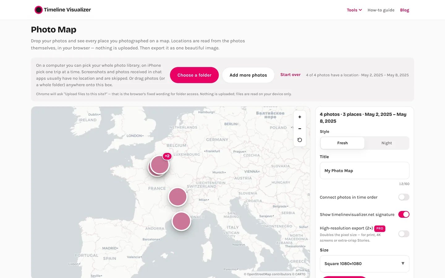 Three photos pinned on a map of France