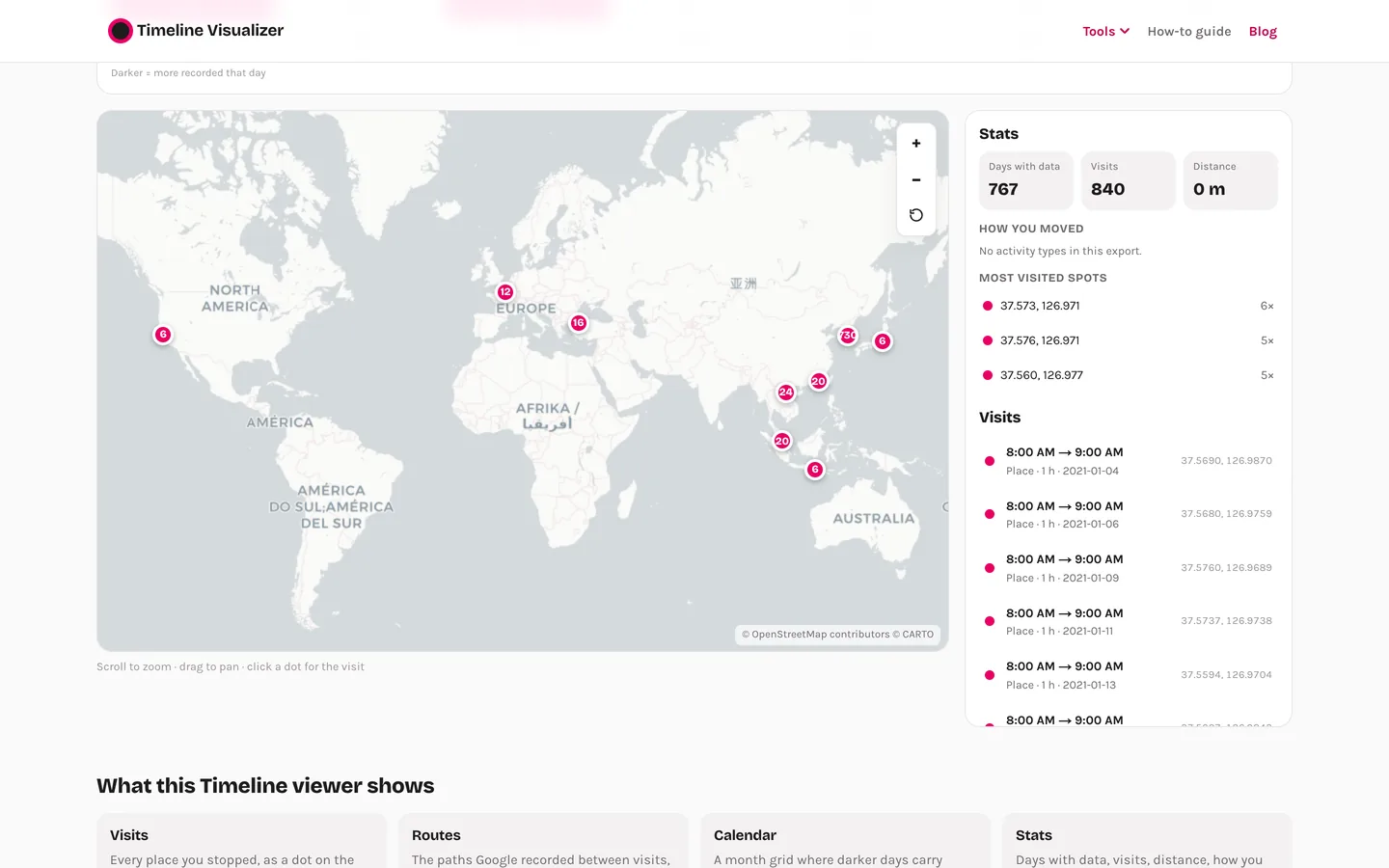 A world map of visited places with a list of visits beside it