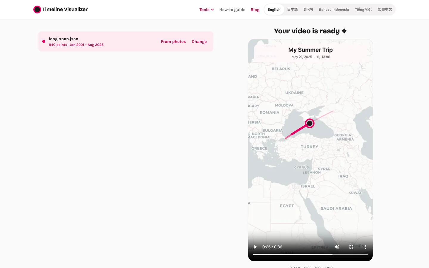 The travel video tool with a finished 9:16 route video